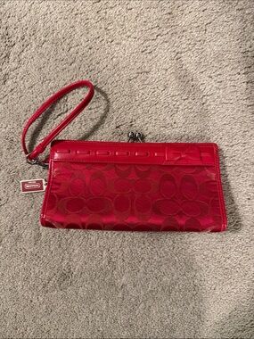 Coach Red Signature Wristlet Clutch with Bow Accent